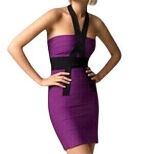 Herve Leger Purple Black Bandage Halter Cocktail Dress M
